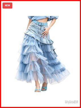 Y2K High Waist Denim Tulle Layered Maxi Skirt A-Line
